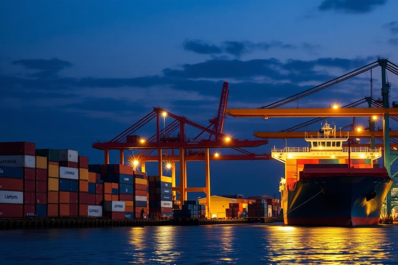 Terminal portuário brasileiro com contêineres e navio ao anoitecer