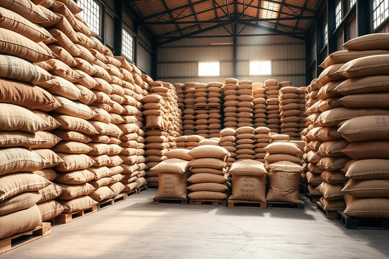 Armazém com sacarias de grãos empilhadas em pallets